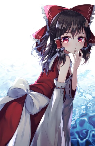 Anime picture 912x1400 with touhou hakurei reimu abandon ranka single long hair tall image blush fringe black hair hair between eyes red eyes looking away traditional clothes japanese clothes leaning leaning forward finger to mouth miko girl detached sleeves