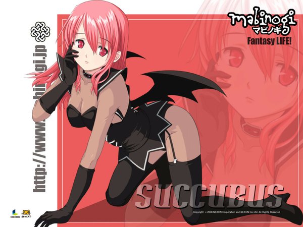 Anime picture 1024x768 with mabinogi succubus (mabinogi) long hair breasts light erotic red eyes cleavage red hair demon girl bat wings succubus girl thighhighs gloves underwear panties wings choker elbow gloves boots