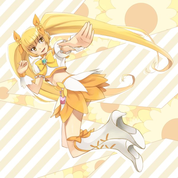 Anime picture 1200x1200 with precure heartcatch precure! toei animation myoudouin itsuki cure sunshine getsumen (artist) long hair blonde hair twintails yellow eyes girl dress skirt bow miniskirt