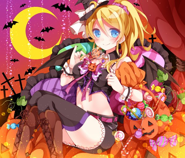 Anime picture 1167x1000 with love live! school idol project sunrise (studio) love live! ayase eli mog (artist) single long hair blush blue eyes blonde hair smile ponytail halloween girl thighhighs dress black thighhighs animal food boots