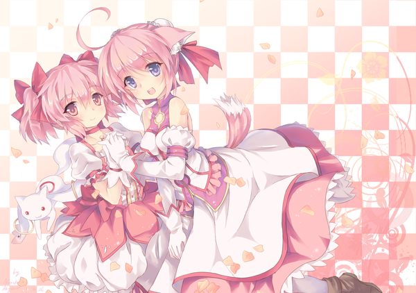 Anime picture 1800x1267 with mahou shoujo madoka magica dog days shaft (studio) kaname madoka kyuubee millhiore f biscotti north abyssor highres short hair open mouth smile red eyes purple eyes multiple girls pink hair ahoge :d animal tail interlocked fingers crossover