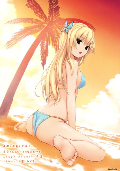 Anime picture 2120x3000 with boku wa tomodachi ga sukunai kashiwazaki sena coffee-kizoku single long hair tall image looking at viewer blush highres open mouth light erotic blonde hair sitting bare shoulders looking back barefoot inscription beach wariza evening