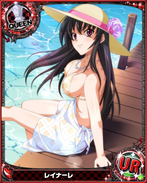 Anime picture 640x800 with highschool dxd raynare (dxd) single long hair tall image looking at viewer breasts light erotic black hair sitting purple eyes card (medium) girl flower (flowers) swimsuit hat bikini pareo