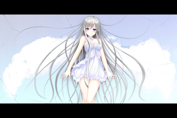 Anime picture 1500x1000 with original makita makino single long hair looking at viewer blue eyes bare shoulders white hair girl sundress