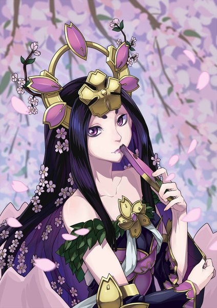 Anime picture 1240x1753 with yu-gi-oh! talaya princess of cherry blossoms frostcyco single long hair tall image looking at viewer purple eyes bare shoulders purple hair hair flower cherry blossoms girl hair ornament flower (flowers) plant (plants) detached sleeves petals tree (trees) fan