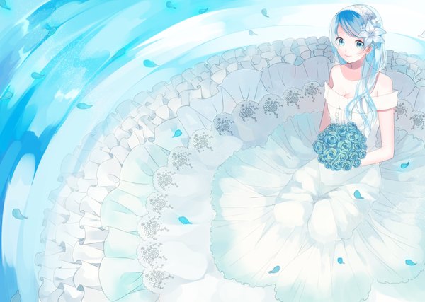 Anime picture 4175x2976 with original maayan single long hair looking at viewer blush highres blue eyes smile sitting bare shoulders blue hair absurdres cleavage hair flower lips girl dress hair ornament flower (flowers)