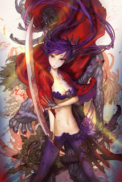 Anime picture 1005x1500 with original yasumikei long hair tall image looking at viewer breasts open mouth cleavage purple hair profile pink eyes fighting stance back to back girl boy navel weapon sword blood cape