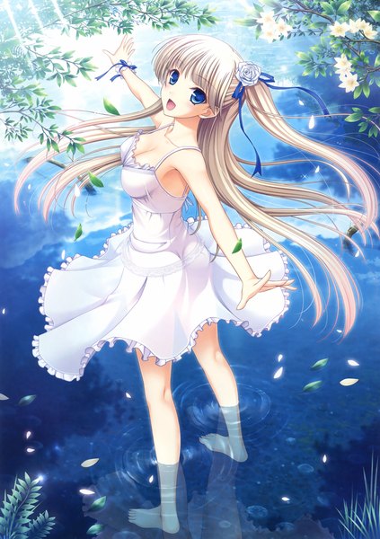 Anime picture 2324x3300 with original eshi 100-nin ten komori kei single long hair tall image looking at viewer blush highres open mouth blue eyes bare shoulders white hair looking back barefoot hair flower scan spread arms girl dress