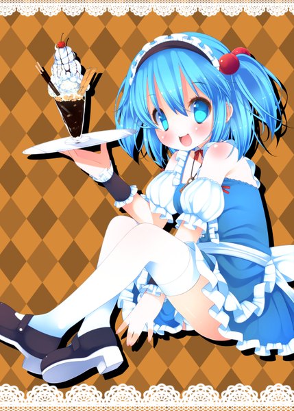 Anime picture 1200x1679 with touhou cirno zefa (neoaltemice) single tall image blush short hair open mouth blue eyes light erotic bare shoulders blue hair maid pantyshot girl thighhighs hair ornament underwear panties white thighhighs