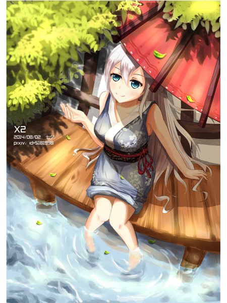 Anime picture 960x1280 with original x2 single long hair tall image looking at viewer blush breasts blue eyes smile sitting bare shoulders white hair from above sunlight bare legs shadow outstretched arm dated looking up
