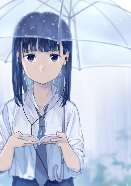 Anime picture 1155x1632 with original ouchi kaeru single long hair tall image looking at viewer fringe open mouth black hair simple background purple eyes signed upper body blurry :o rain transparent umbrella girl uniform school uniform