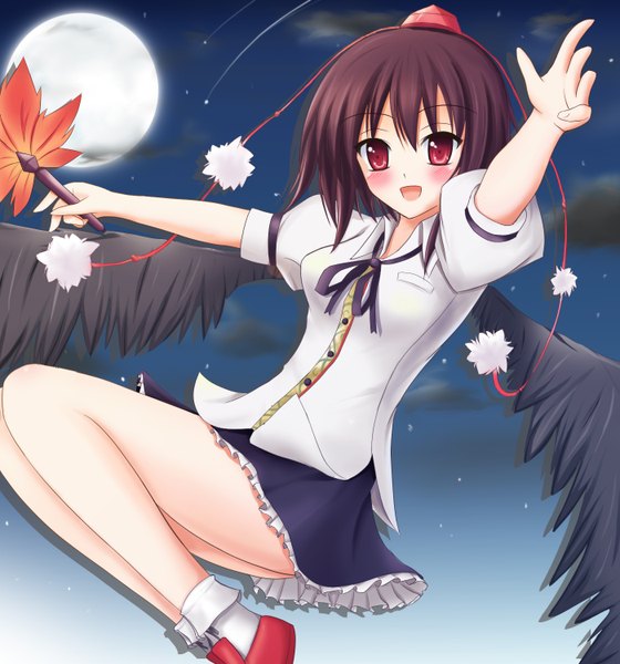 Anime picture 1400x1500 with touhou shameimaru aya yuzin (artist) single tall image blush short hair open mouth black hair red eyes girl skirt miniskirt shirt wings moon fan hauchiwa