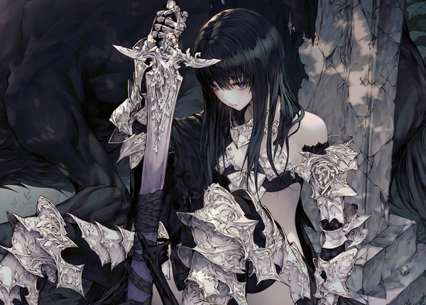 Anime picture 1427x1024 with original wanke single long hair fringe light erotic black hair hair between eyes sitting purple eyes bare shoulders holding bent knee (knees) scar fantasy girl thighhighs weapon black thighhighs animal