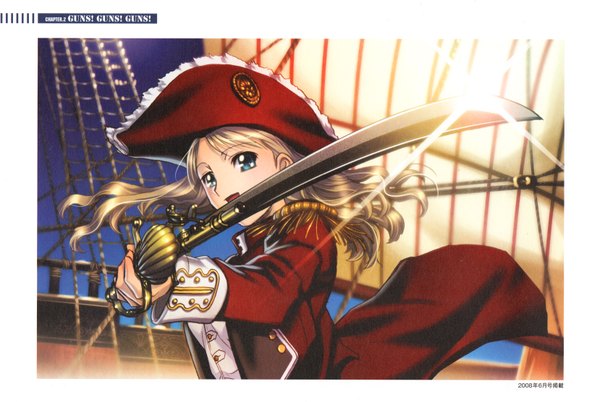 Anime picture 3316x2224 with hiroe rei single long hair looking at viewer highres open mouth blue eyes blonde hair smile absurdres scan lens flare girl weapon hat sword watercraft ship
