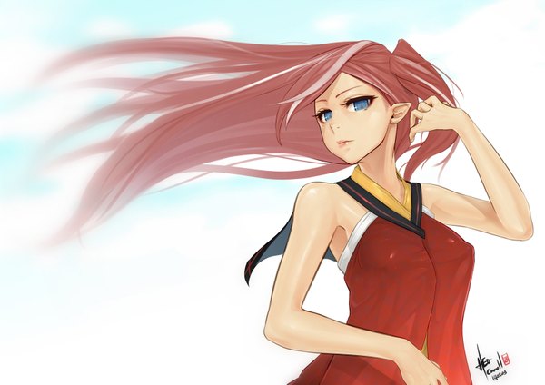 Anime picture 1600x1131 with original caooll (co-ohol) single long hair looking at viewer blue eyes red hair lips pointy ears sleeveless girl clothes