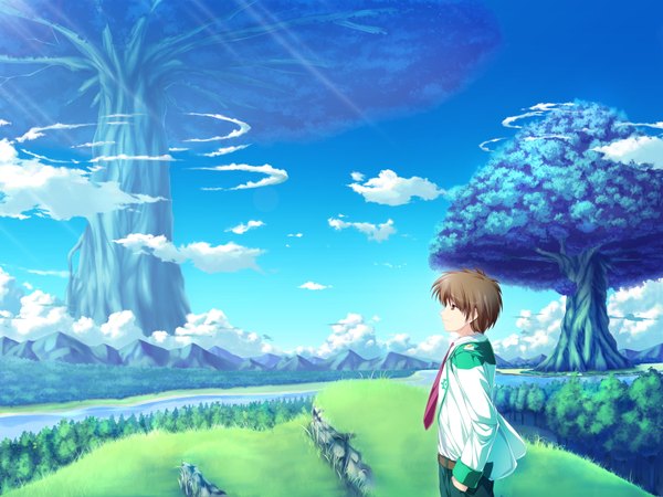Anime picture 3600x2700 with magus tale whirlpool (studio) amagase daiki tenmaso single highres short hair smile brown hair brown eyes game cg sky cloud (clouds) profile landscape hands in pockets boy uniform plant (plants) school uniform