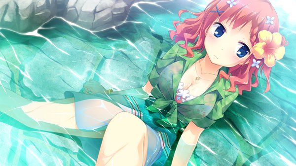 Anime picture 2560x1440 with koisuru natsu no last resort maki shiori mottsun single highres short hair breasts blue eyes wide image large breasts sitting looking away game cg cleavage red hair hair flower embarrassed wet clothes girl hair ornament