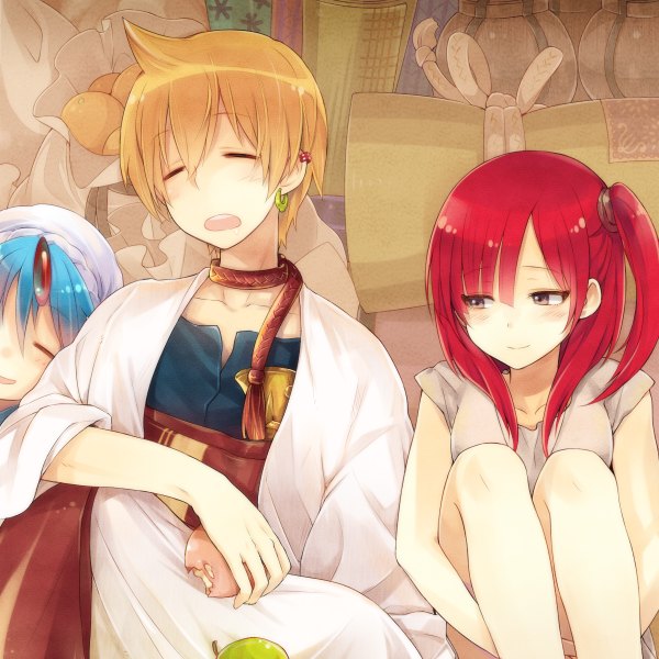 Anime picture 1200x1200 with magi the labyrinth of magic a-1 pictures morgiana aladdin (magi) ali baba saluja ocha_(hutuumikan) long hair fringe short hair breasts open mouth blonde hair smile red eyes holding blue hair looking away red hair eyes closed multiple boys