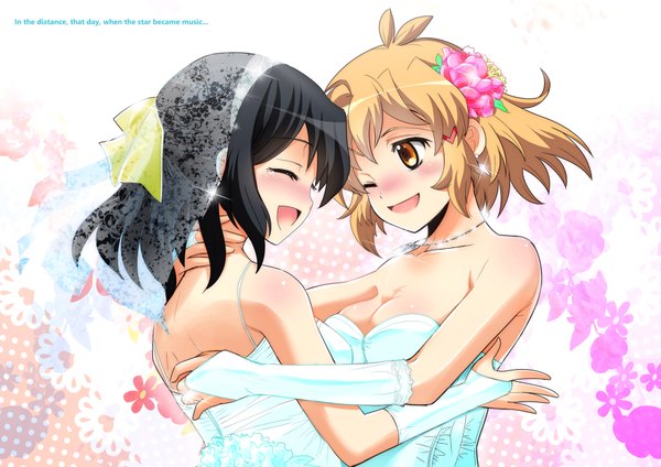 Anime picture 1754x1240 with senki zesshou symphogear satelight tachibana hibiki kohinata miku hinahime blush highres short hair open mouth black hair brown hair bare shoulders multiple girls brown eyes eyes closed one eye closed hair flower wink wedding girl