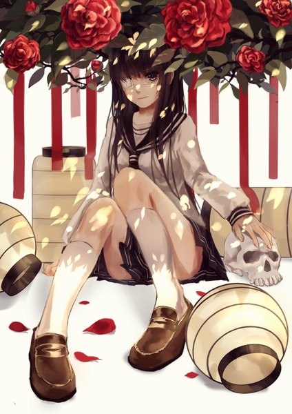 Anime picture 2480x3507 with original lama-pacos single long hair tall image fringe highres brown hair sitting brown eyes pleated skirt shadow girl skirt uniform flower (flowers) plant (plants) miniskirt petals socks