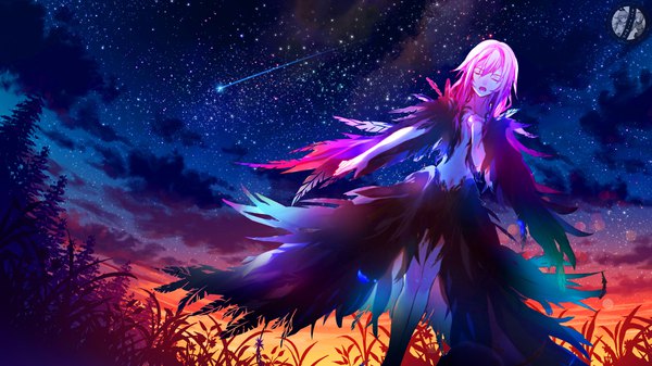 Anime-Bild 1920x1080 mit guilty crown production i.g yuzuriha inori siimeo baocaiwangfei single long hair fringe highres open mouth wide image standing pink hair cloud (clouds) outdoors eyes closed night night sky watermark evening