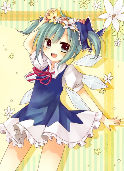 Anime picture 1000x1372 with touhou cirno amane kurumi single tall image looking at viewer blush short hair open mouth blue eyes twintails blue hair shadow short twintails alternate hairstyle hand on head girl dress flower (flowers) bow