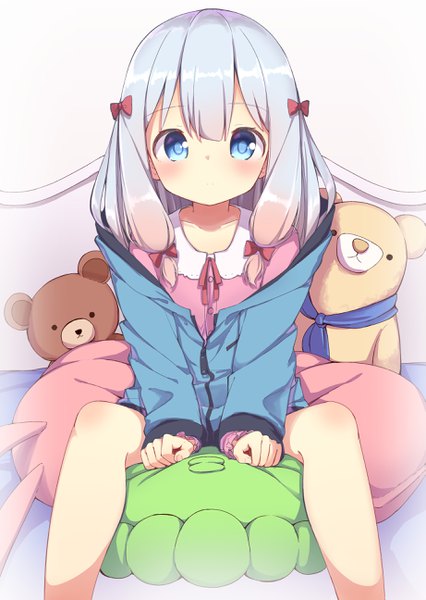 Anime picture 1841x2592 with eromanga sensei a-1 pictures izumi sagiri darnell single long hair tall image looking at viewer blush fringe highres blue eyes sitting silver hair between legs girl bow hair bow pillow toy
