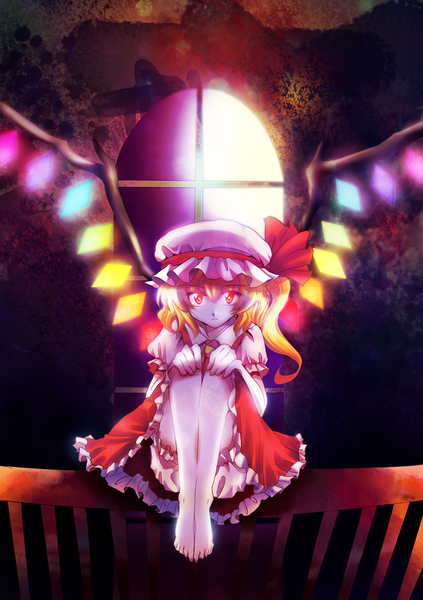 Anime picture 1748x2480 with touhou flandre scarlet koinohito (artist) single tall image highres short hair blonde hair red eyes loli one side up glowing glowing eye (eyes) girl dress wings moon bonnet crystal