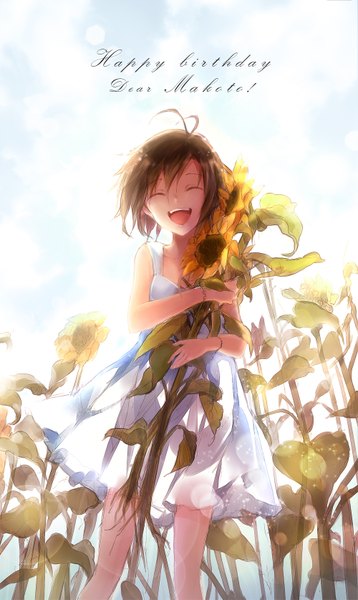 Anime picture 1000x1673 with idolmaster kikuchi makoto joypyonn single tall image short hair open mouth smile brown hair standing bare shoulders holding sky cloud (clouds) ahoge eyes closed inscription happy birthday girl bracelet