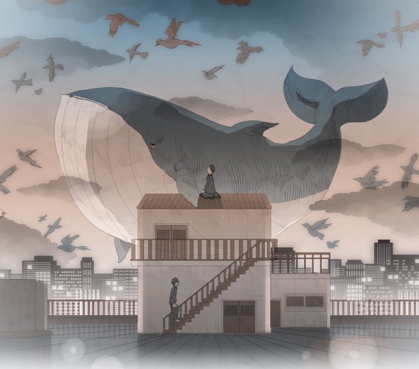 Аниме картинка 1554x1372 с оригинальное изображение masaki (smoothiepool) короткие волосы небо несколько мальчиков город полёт мужчина животное птица (птицы) здание (здания) 2 мальчика крыша кит stain