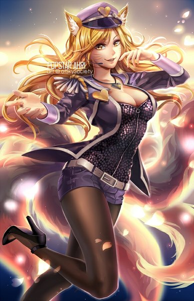 Anime picture 582x900 with league of legends ahri (league of legends) popstar ahri (league of legends) ofskysociety single long hair tall image fringe breasts open mouth blonde hair smile large breasts animal ears bent knee (knees) tail animal tail cat ears cat tail outstretched arm