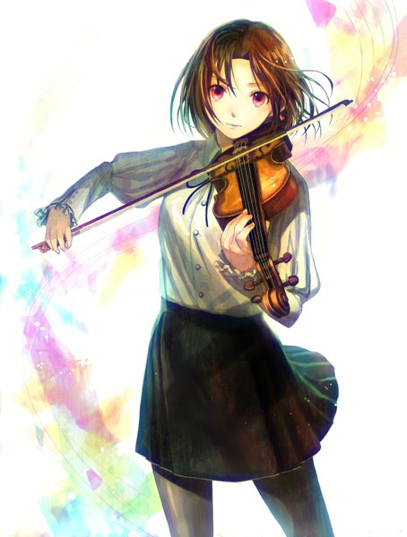 Anime picture 1165x1539 with original fuzichoco single tall image short hair red eyes brown hair music girl violin bow (instrument)