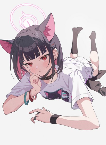 Anime picture 1155x1586 with blue archive kazusa (blue archive) kazusa (band) (blue archive) hoshiko (419401x) single tall image fringe short hair black hair simple background red eyes white background animal ears lying blunt bangs pleated skirt multicolored hair cat ears official alternate costume colored inner hair
