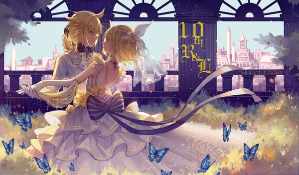 Anime picture 3600x2110 with vocaloid kagamine rin kagamine len longyu highres short hair blue eyes blonde hair wide image absurdres ponytail profile bare back siblings eye contact twins happy birthday brother and sister dancing anniversary