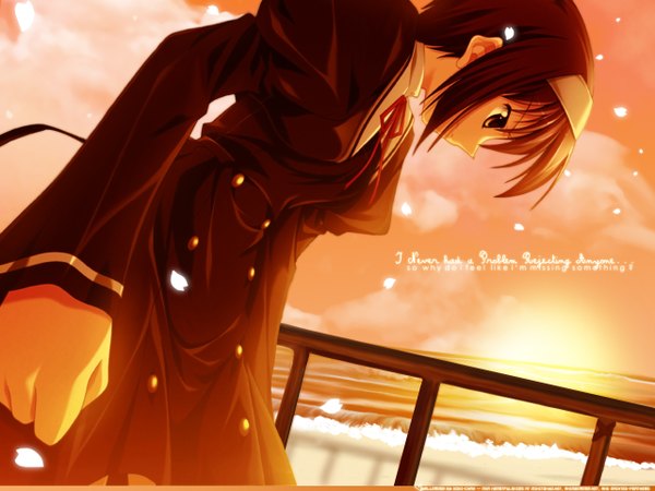 Anime picture 1280x960 with ef ef a tale of memories ef a fairy tale of the two shaft (studio) shindou kei nanao naru heartfulskies single short hair signed payot outdoors profile looking down third-party edit double buttons polychromatic girl petals buttons