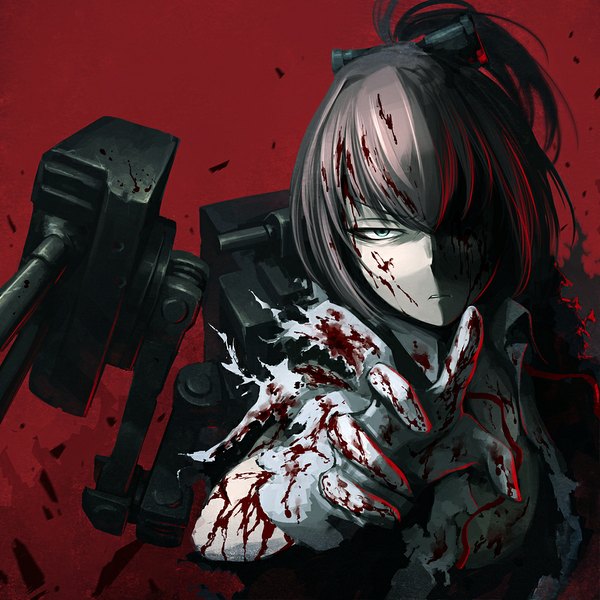 Anime picture 949x949 with kantai collection shiranui destroyer hetza (hellshock) single looking at viewer fringe brown hair green eyes ponytail hair over one eye torn clothes outstretched arm red background angry creepy girl blood