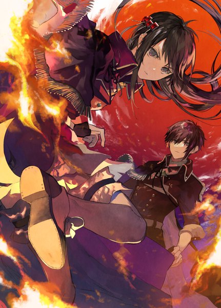 Anime picture 719x1000 with fukushuu kansuisha no jinsei nishuume isekaitan nosaki tsubasa long hair tall image looking at viewer fringe short hair black hair sky purple hair ahoge bent knee (knees) hair over one eye from below hand on hip looking down fighting stance serious red sky girl