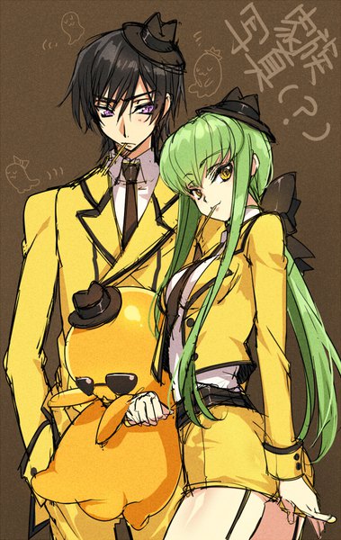 Anime picture 580x917 with code geass sunrise (studio) c.c. lelouch lamperouge cheese-kun creayus long hair tall image looking at viewer blush fringe short hair light erotic black hair standing purple eyes holding yellow eyes green hair light smile