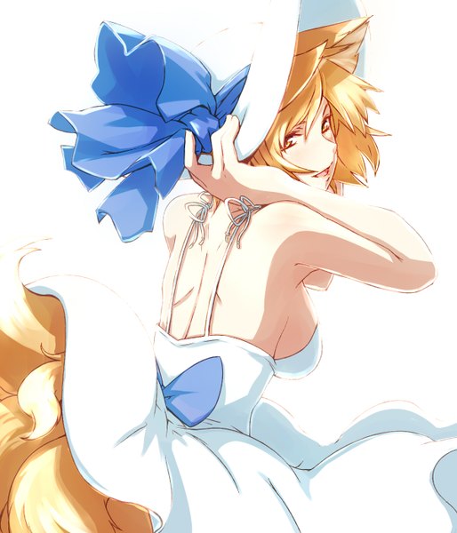 Anime picture 1200x1400 with touhou yakumo ran dearmybrothers single tall image breasts simple background blonde hair white background bare shoulders holding animal ears yellow eyes looking back alternate costume fox ears fox girl happy multiple tails girl