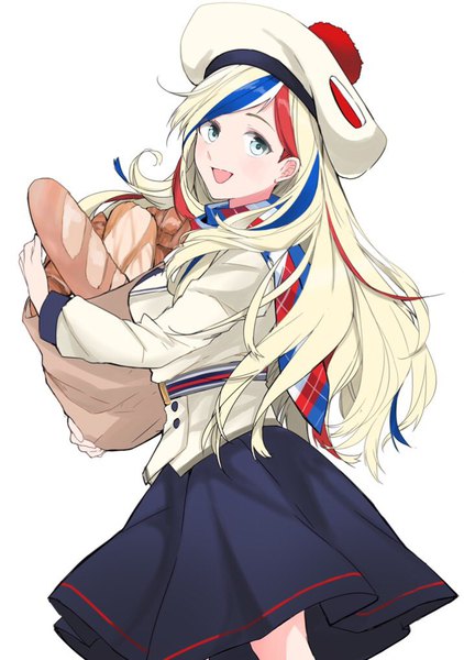 Anime picture 716x1018 with kantai collection commandant teste (kantai collection) morinaga (harumori) single long hair tall image looking at viewer open mouth blue eyes simple background blonde hair white background holding :d multicolored hair streaked hair girl skirt food beret