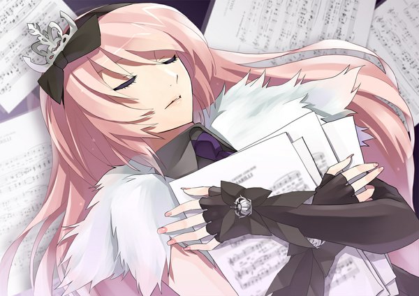 Anime picture 1132x800 with vocaloid 2 sing 4 u (vocaloid) megurine luka hijiki (hijikini) long hair pink hair eyes closed nail polish girl fur paper