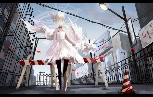 Anime picture 1600x1016 with original .l.l single looking at viewer short hair bare shoulders sky white hair aqua eyes city letterboxed girl thighhighs dress black thighhighs petals white dress halo lamppost construction