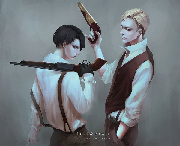 Anime picture 1100x896 with shingeki no kyojin production i.g levi (rivaille) erwin smith ryu (pixiv 6630104) looking at viewer short hair black hair blonde hair profile back hands in pockets twisty sleeves steam punk boy weapon shirt vest single glove pistol