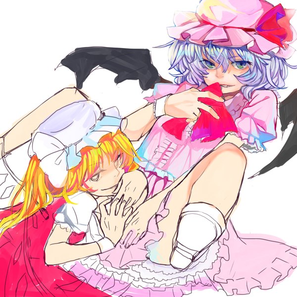 Anime picture 2014x2014 with touhou flandre scarlet remilia scarlet sono (pixiv) highres short hair blue eyes light erotic blonde hair multiple girls blue hair bat wings girl dress 2 girls hat