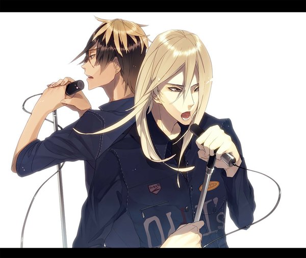 Anime picture 1040x880 with scared rider xechs takuto kirisawa hijiri mutsuki long hair short hair open mouth blonde hair simple background brown hair white background holding brown eyes profile multicolored hair two-tone hair multiple boys orange eyes dark skin pale skin back to back