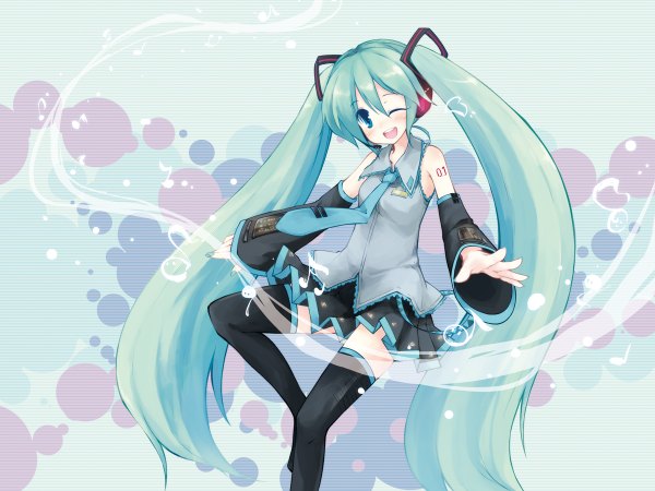 Anime picture 1200x900 with vocaloid hatsune miku yukitarou (awamori) long hair smile twintails very long hair green hair girl thighhighs detached sleeves necktie