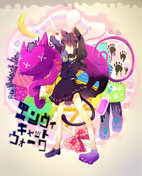 Anime picture 1290x1600 with vocaloid envy cat walk (vocaloid) toma (hatsune miku) souno kazuki (artist) tall image short hair black hair animal ears animal tail black eyes cat ears cat tail crescent girl uniform bow school uniform serafuku lollipop stitches