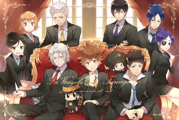 Anime picture 2062x1391 with katekyou hitman reborn sawada tsunayoshi hibari kyouya rokudo mukuro gokudera hayato chrome dokuro yamamoto takeshi reborn lambo sasagawa ryohei miura haru sasagawa kyoko ekita xuan looking at viewer fringe highres short hair black hair blonde hair hair between eyes