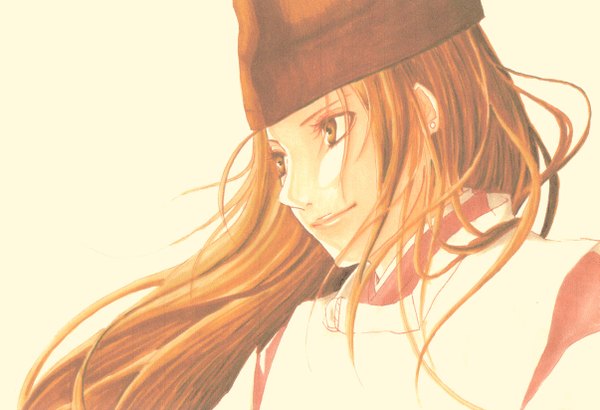 Anime picture 2409x1648 with hikaru no go studio pierrot fujiwara no sai char (pixiv) single long hair highres simple background smile brown hair white background brown eyes traditional clothes portrait boy hat