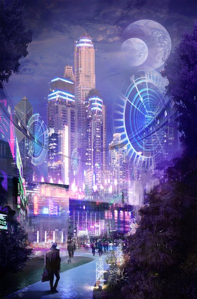 Anime picture 1325x2000 with original alex (artist) tall image standing sky cloud (clouds) city cityscape hand in pocket city lights street product placement building (buildings) moon lantern planet people skyscraper earth paper bag